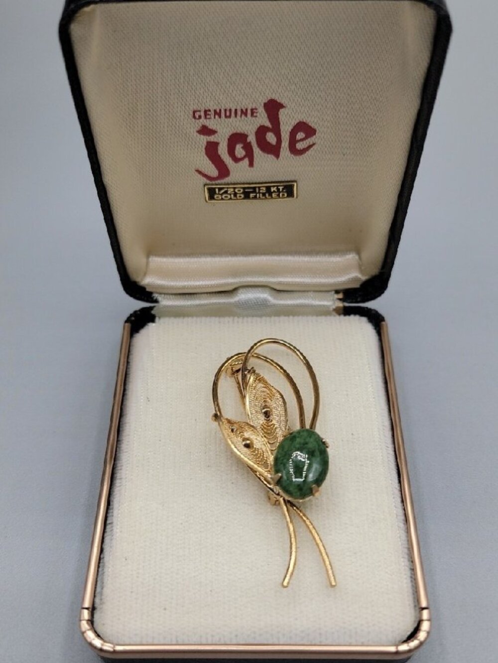 Vintage 12kgp Jade Leaf Brooch Pin Large Gem Filigree Leaves Original Box